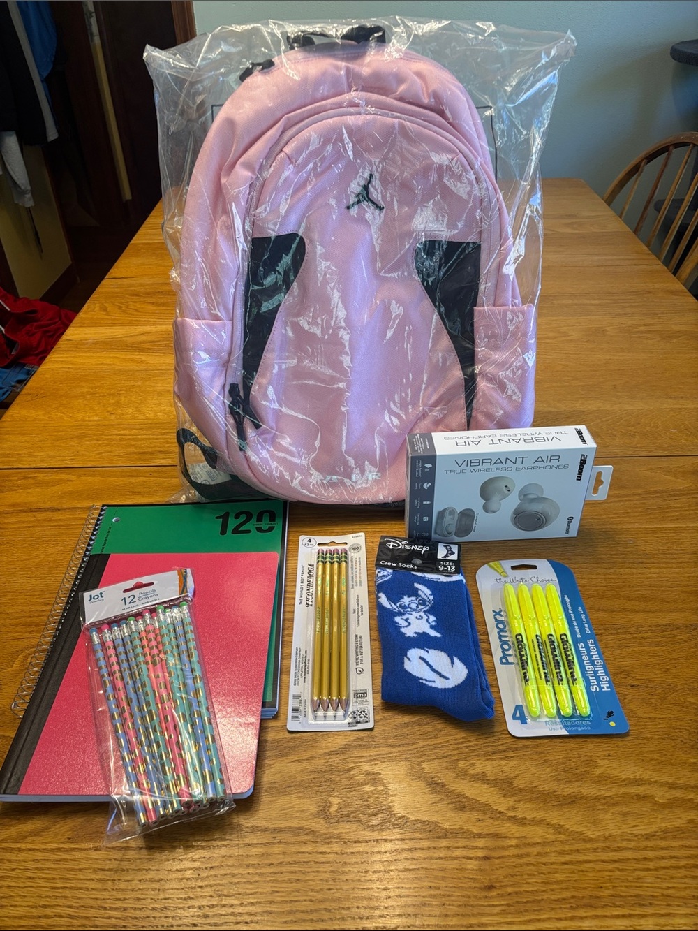 Jordan Pink Backpack with Black Logo Accents with school supplies - Picture 5 of 5
